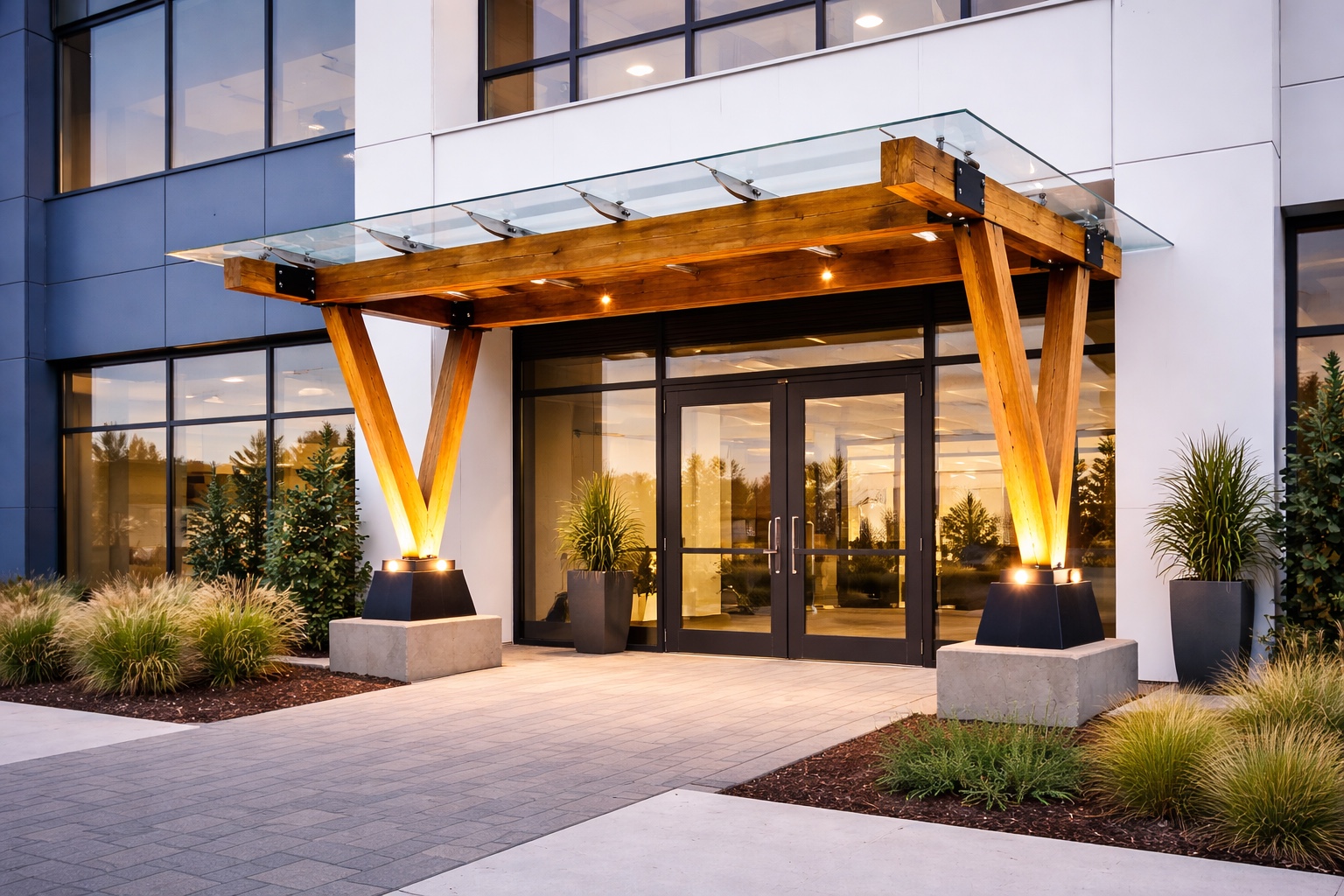 TimberShield commercial entrance in daylight with landscaping