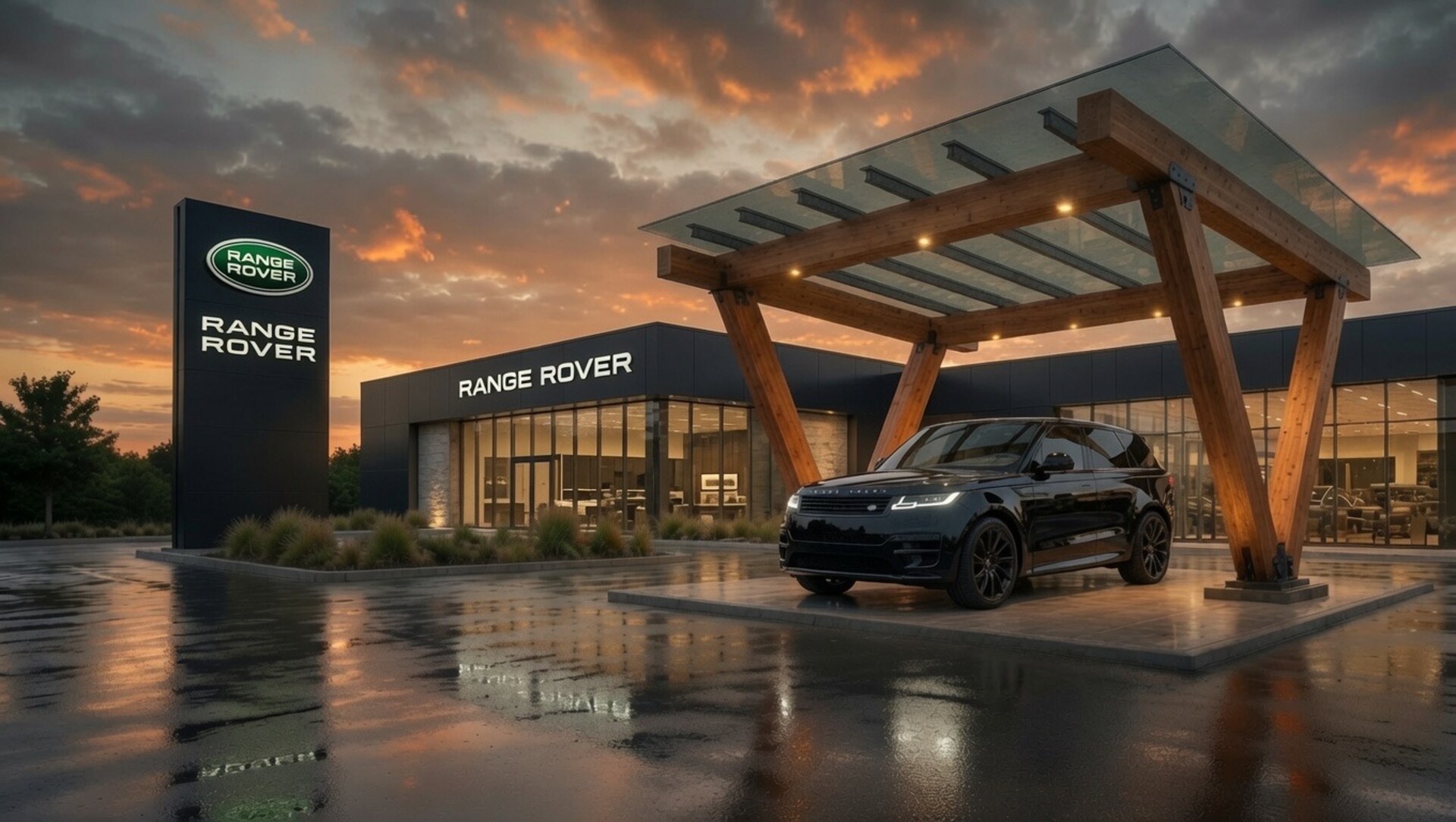 Luxury automotive dealership lot at dusk with TimberShield heavy timber V-leg canopy over featured Cadillac Escalade, additional luxury vehicles in the background, glass roof and warm ambient lighting