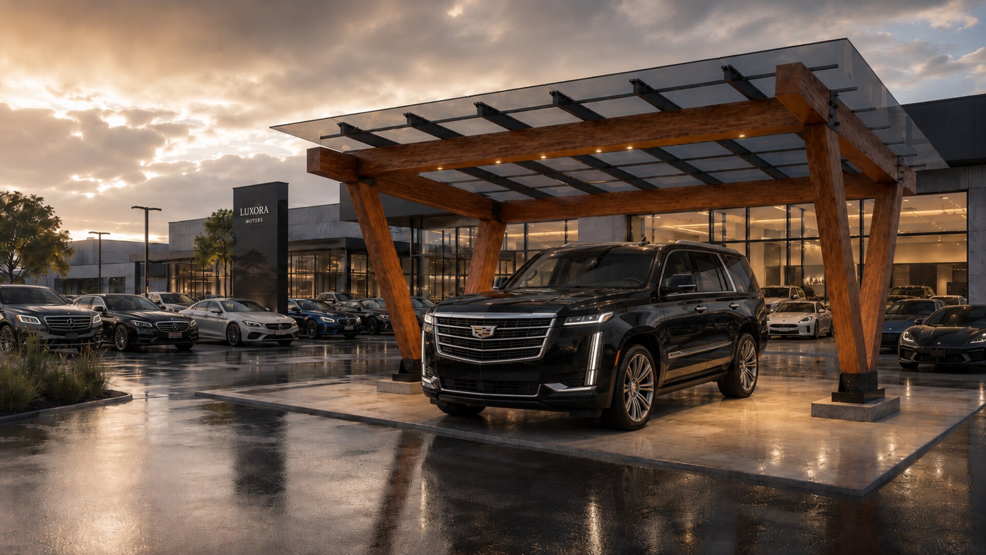 Range Rover dealership porte-cochère with TimberShield heavy timber V-leg canopy over concrete drive at dusk, luxury vehicle parked under glass roof, illuminated dealership building in background