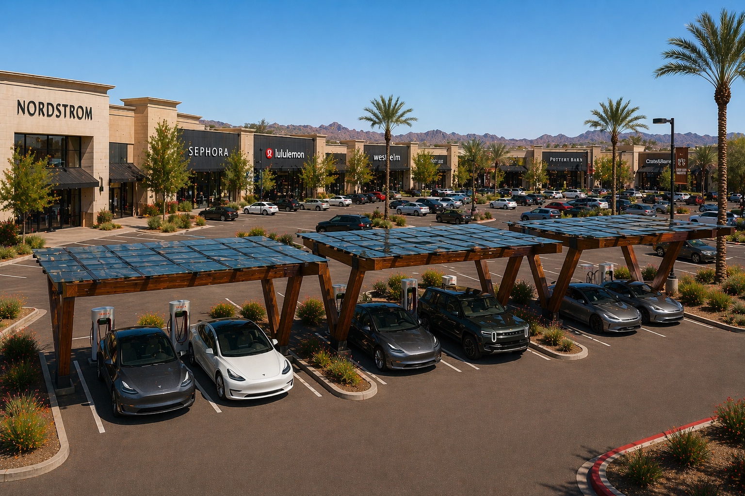 EVTimberShield multi-bay charging canopy array at Arizona retail center — aerial view