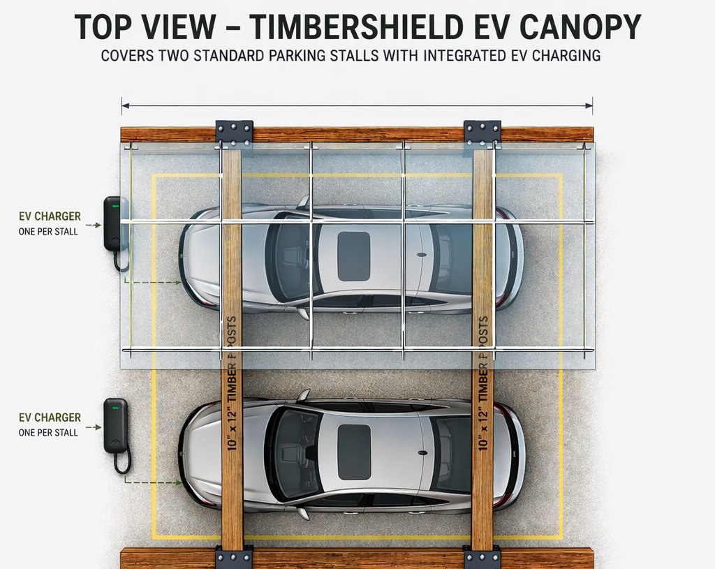 Top-view spec render of TimberShield V-Leg canopy showing roof structure details and integrated elements