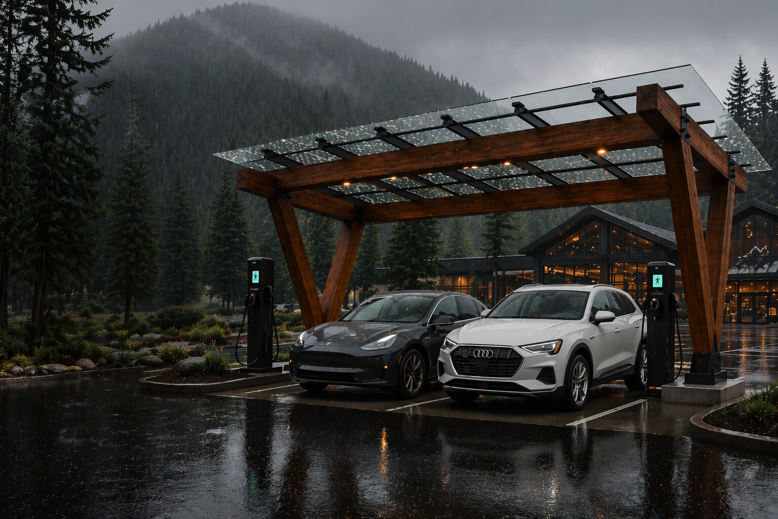 TimberShield EV charging canopy at mountain resort in the rain with glass roof and warm building lighting