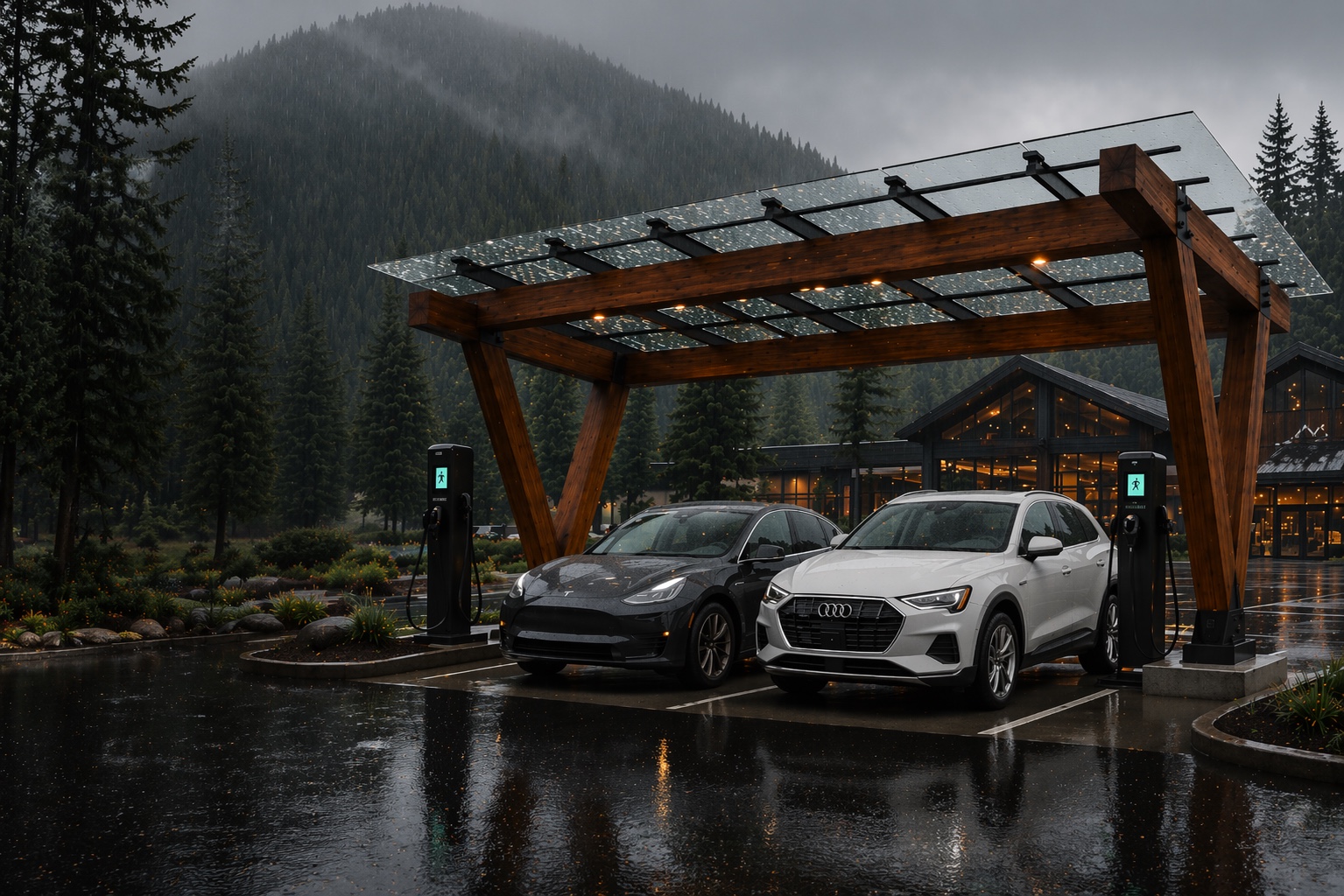 EVTimberShield canopy in mountain rain at resort with fir trees
