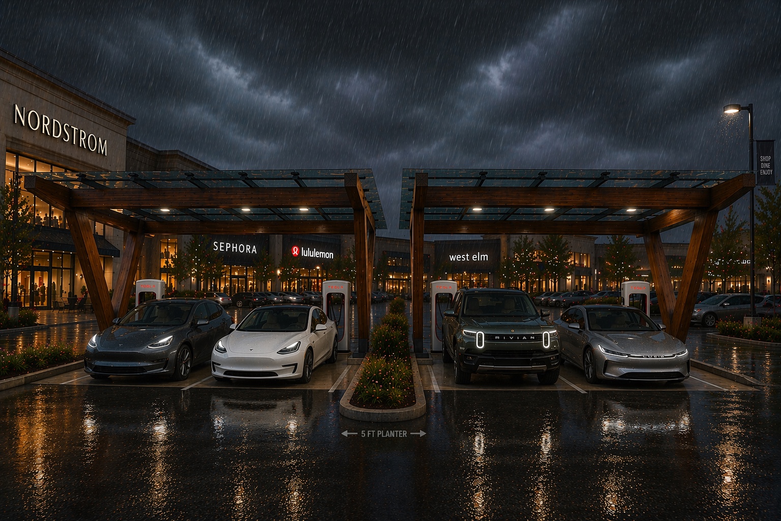 EVTimberShield multi-bay canopy in night rain at retail center