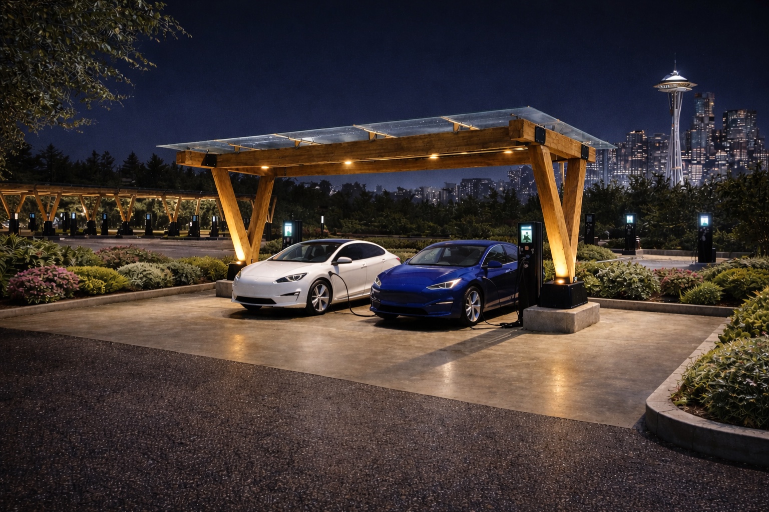 EVTimberShield canopy with Seattle skyline and Space Needle at night
