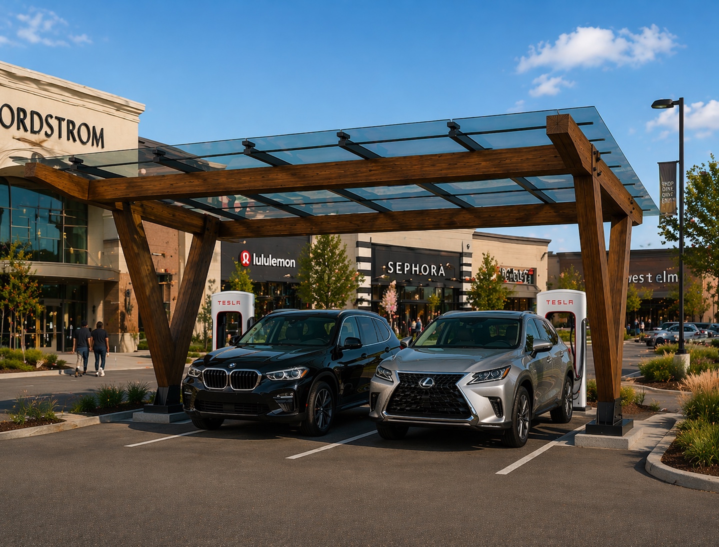 EVTimberShield TS-12 dual charging bay at retail center daytime