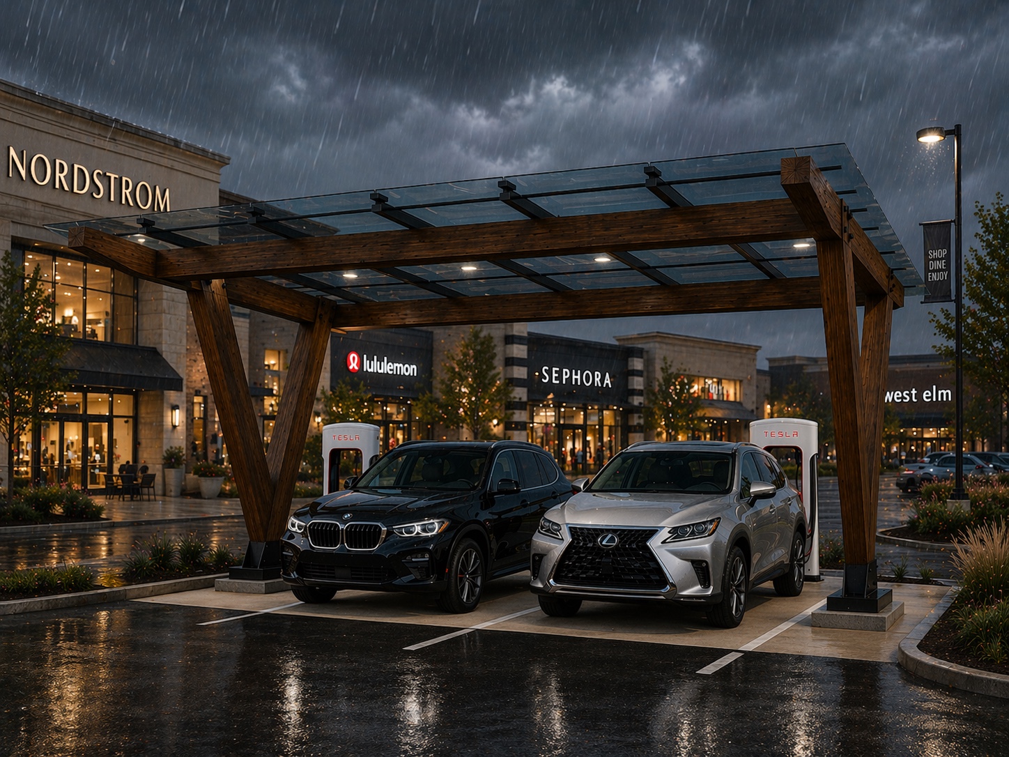 EVTimberShield TS-12 canopy with charging vehicles during night rain
