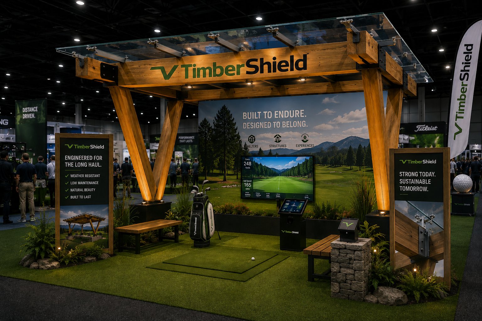 TimberShield Golf trade show booth featuring V-leg timber structure over driving range simulator and lounge
