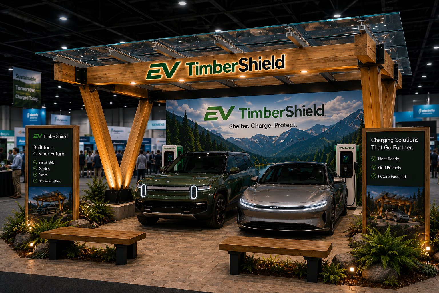 EVTimberShield V-leg timber canopy trade show booth featuring EV charging stations and Lucid and Rivian vehicles