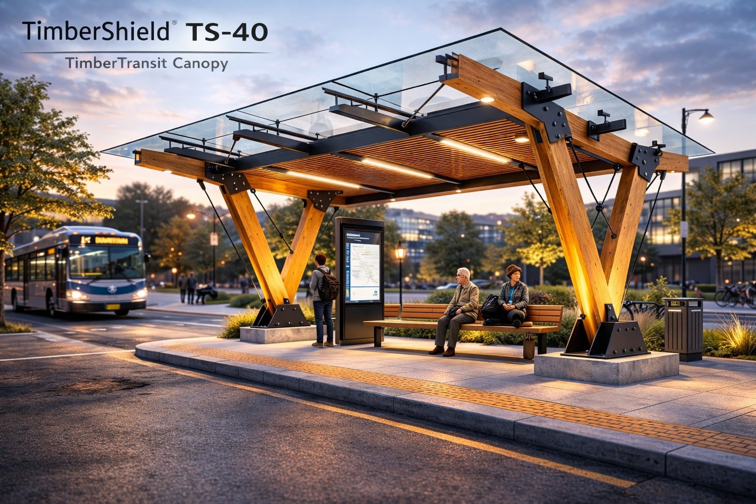 TimberV commercial restaurant patio — multiple V-leg bays with string lights at night