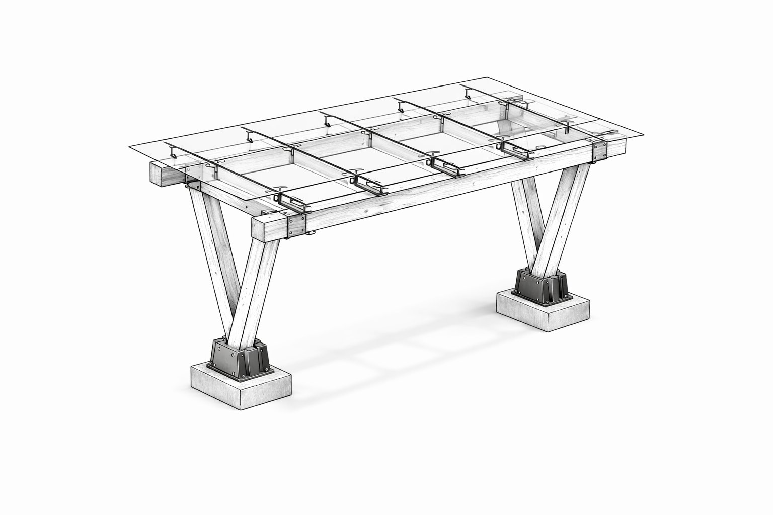 TimberV engineering line drawing — structural technical illustration of V-leg canopy