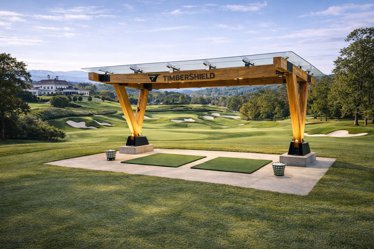 TimberShield golf practice cover at private country club — panoramic view with mountains