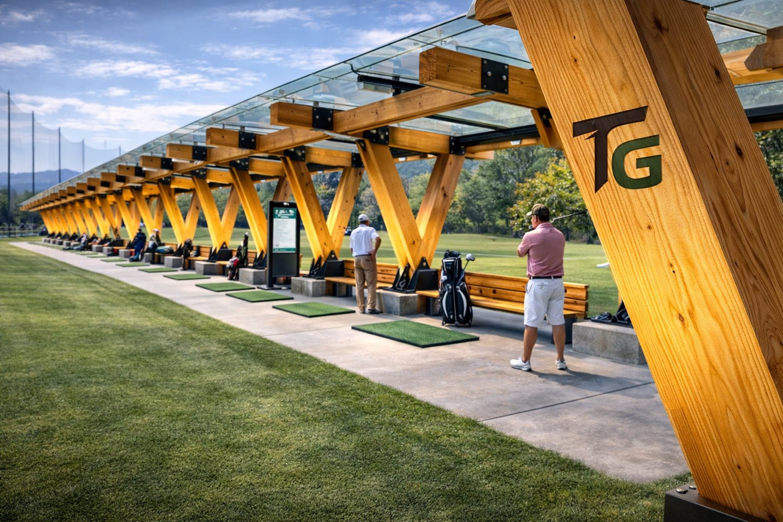 Multi-bay TimberShield golf driving range cover — golfers in use, V-legs and glass roof