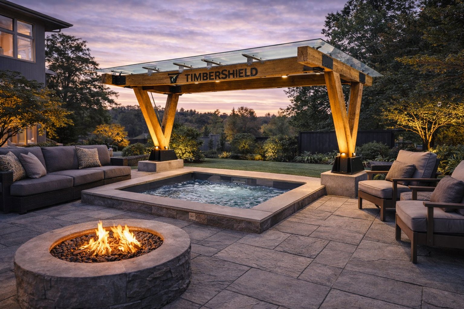 TimberShield residential patio cover over hot tub at dusk — luxury backyard setting