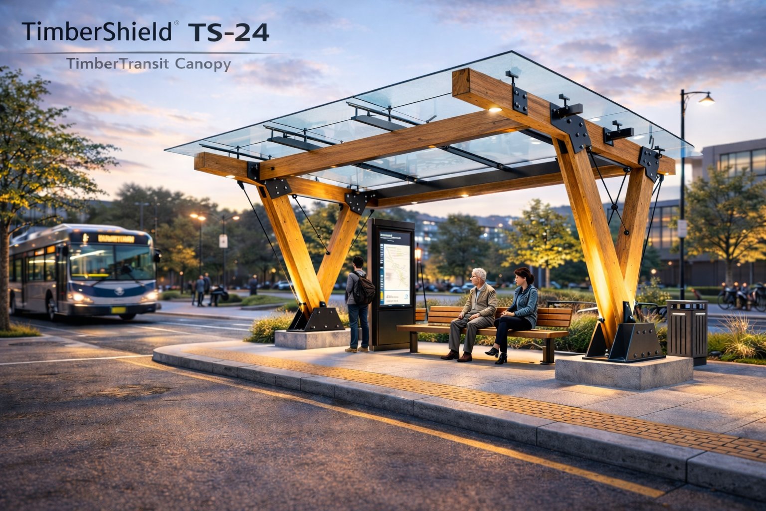 TimberShield transit canopy — TS-44 and TS-66 multi-bay transit shelters Seattle setting
