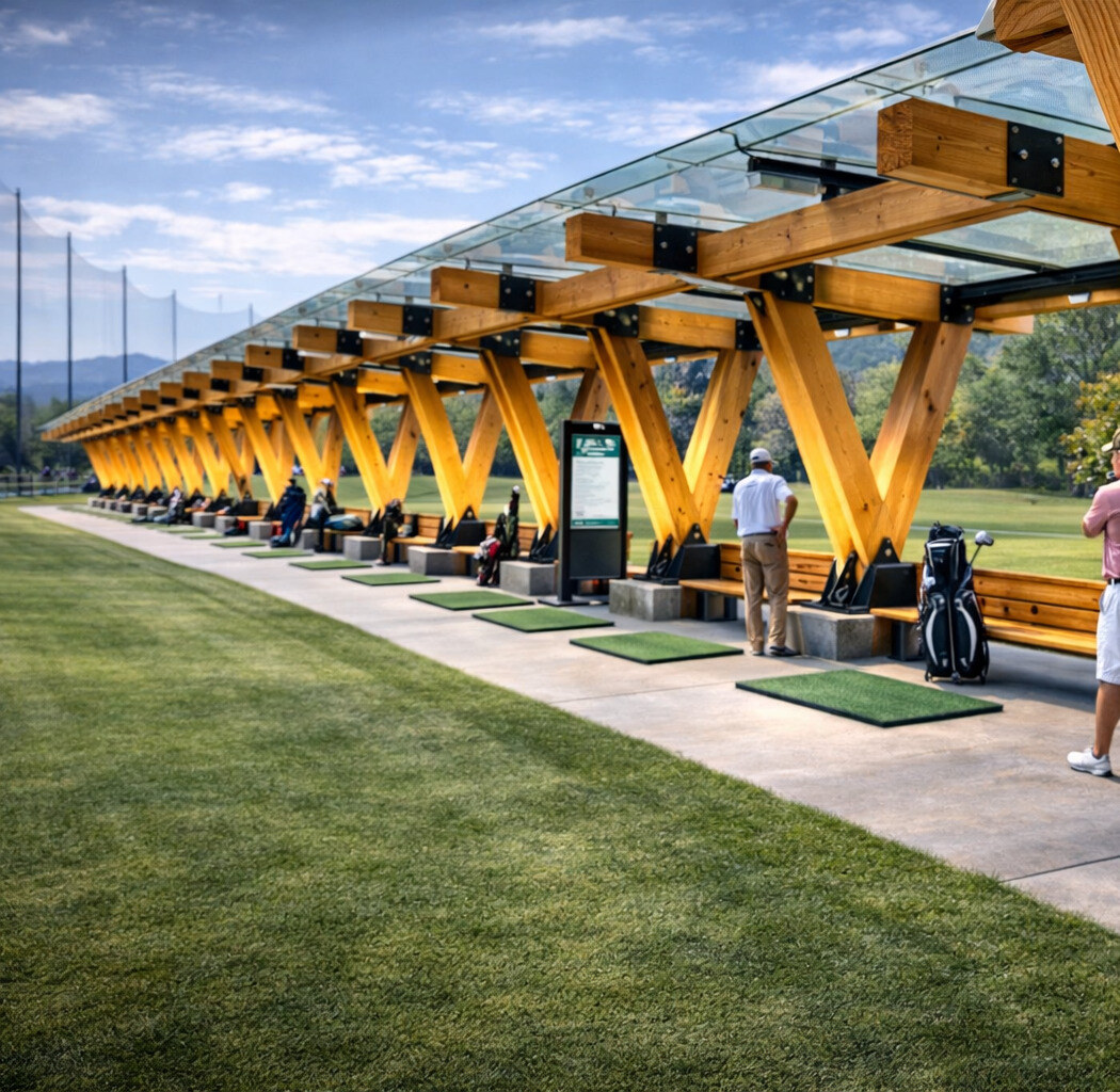 TimberShield golf driving range with row of V-leg canopy structures, multi-bay glass roof, golfers practicing under Douglas Fir framework
