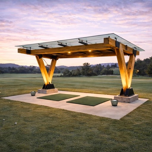 TimberShield golf cover at dusk with laminated tempered glass roof and illuminated Douglas Fir V-legs