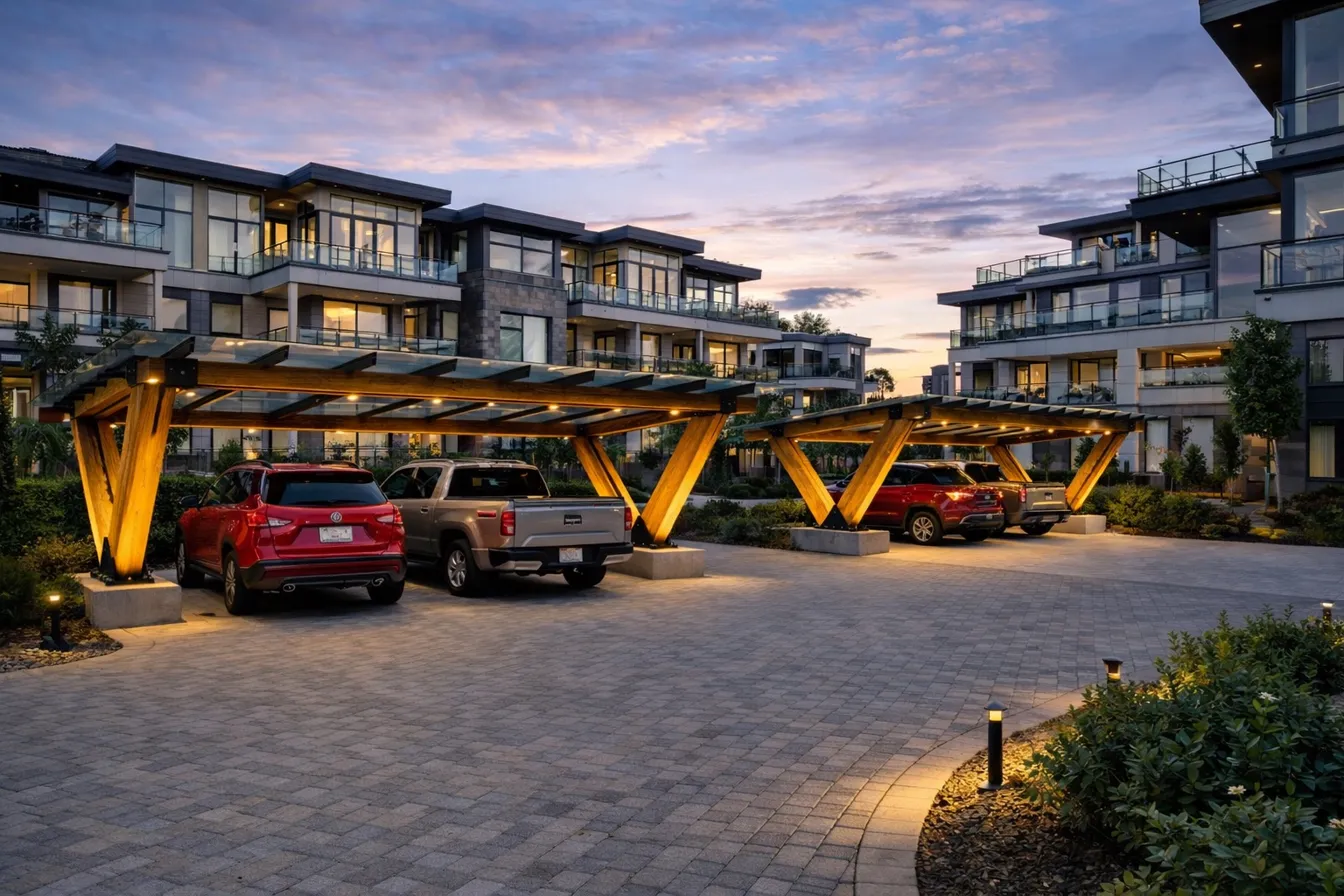 Multifamily TimberShield covered parking canopies at luxury apartment complex at dusk