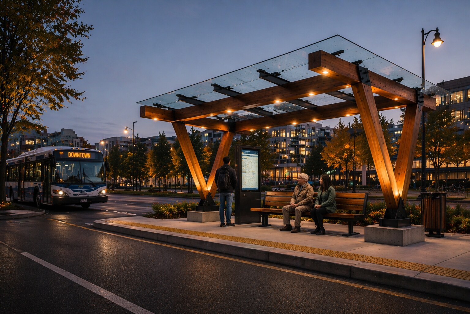 TimberShield transit shelter with Douglas Fir V-leg structure at downtown bus stop at blue hour