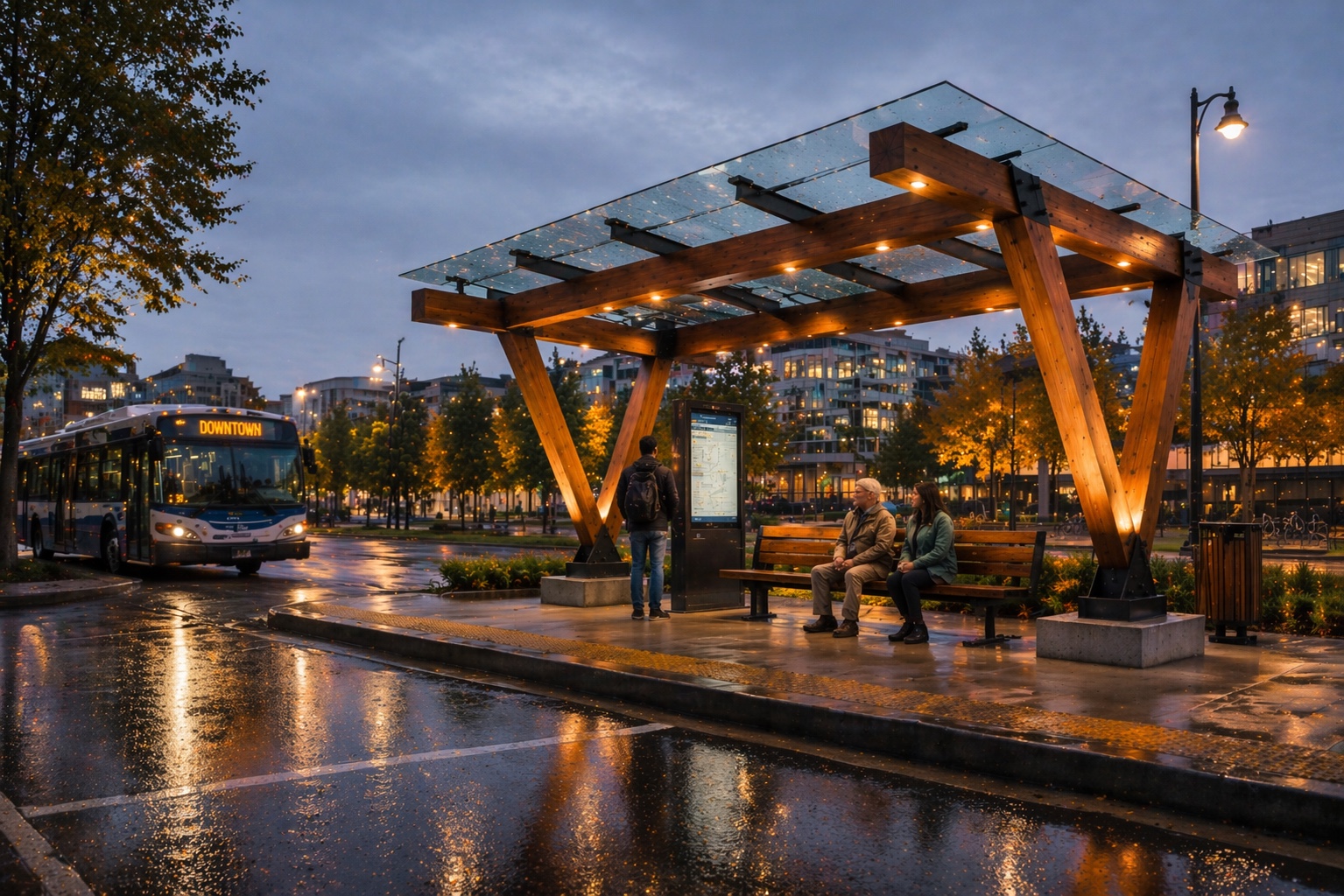 TimberTransit urban bus stop shelter at night