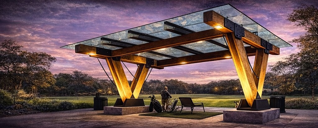 TimberShield V-leg timber canopy at dusk — two Douglas Fir V-legs with glass roof illuminated at sunset on golf course