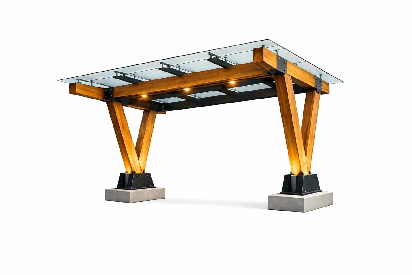 TimberShield V-Leg structure — two 10×14 Douglas Fir timbers at 22°, steel base plate anchors, glass roof, integrated soffit lighting
