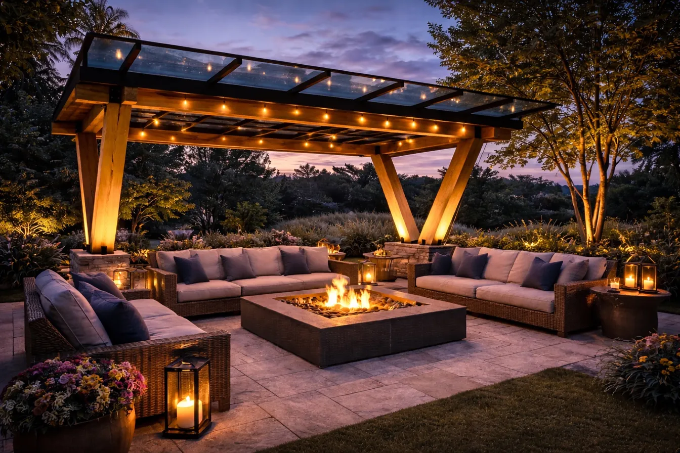 TimberShield V-leg canopy over firepit lounge at dusk — wicker sofas, string lights, warm uplighting on Douglas Fir timbers