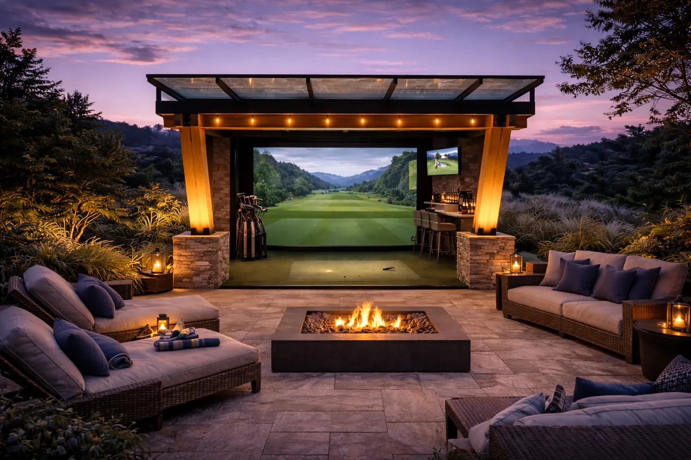 TimberShield V-leg canopy at private residence with outdoor golf simulator, firepit, and lounge seating at dusk