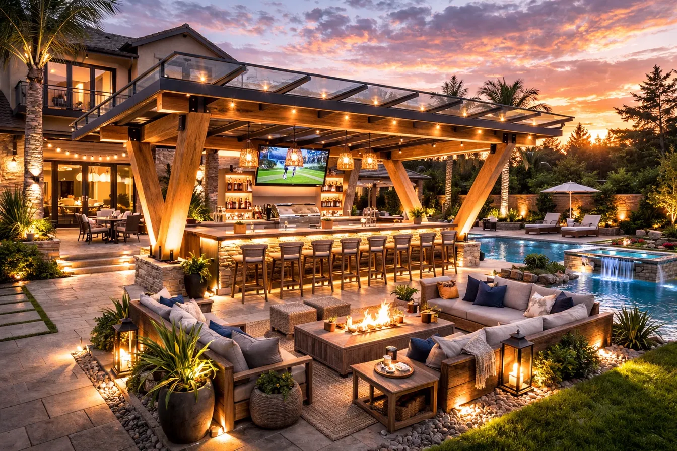 TimberShield V-leg canopy over luxury poolside outdoor entertainment area at sunset — multi-bay structure, full outdoor bar, pool with waterfall spa